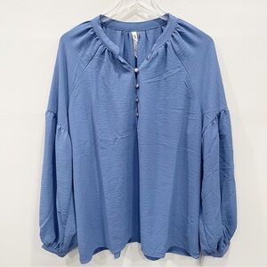 NY Collection Blue Balloon Sleeve Blouse Button Front Size 2X